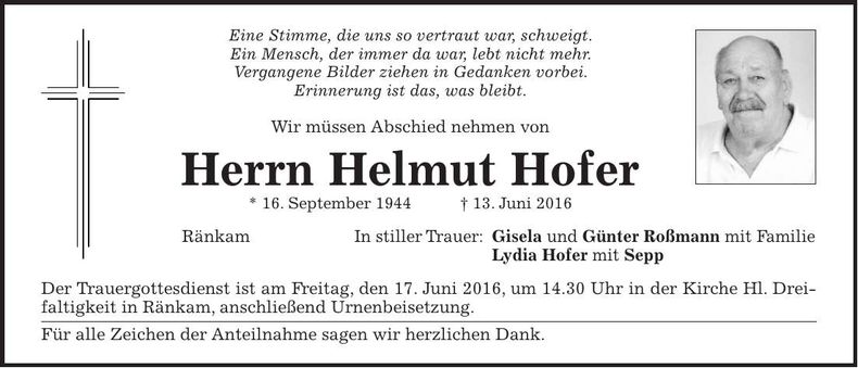 Traueranzeige Helmut Hofer
