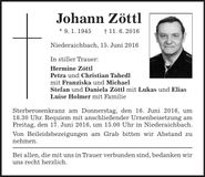 Traueranzeige Johann Zöttl