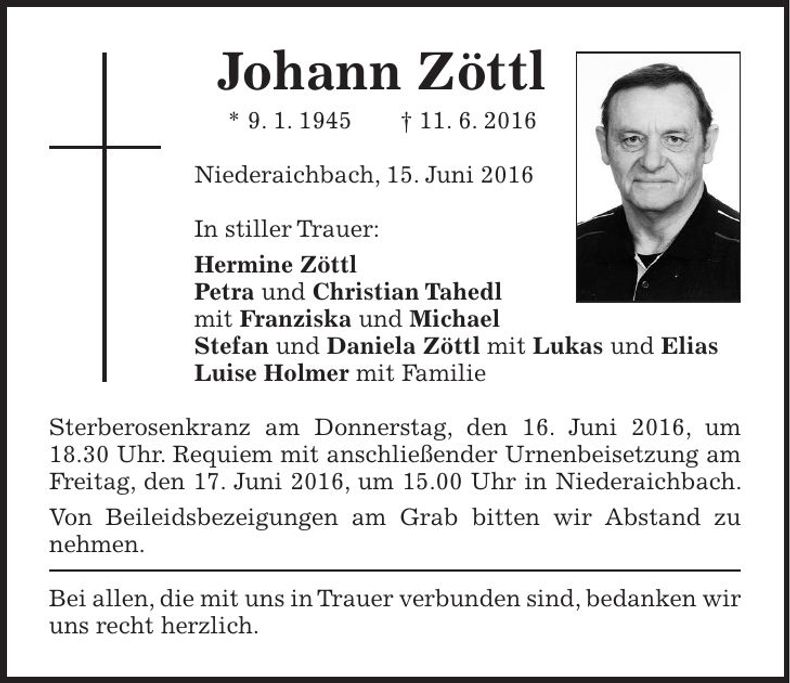 Traueranzeige Johann Zöttl