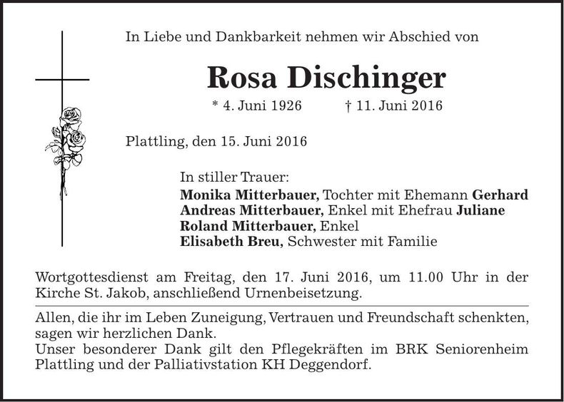 Traueranzeige Rosa Mitterbauer