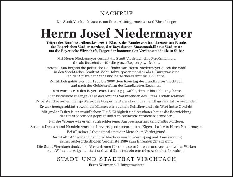 Traueranzeige Niedermayer Sepp