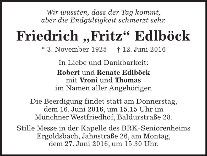 Traueranzeige Friedrich Edlböck