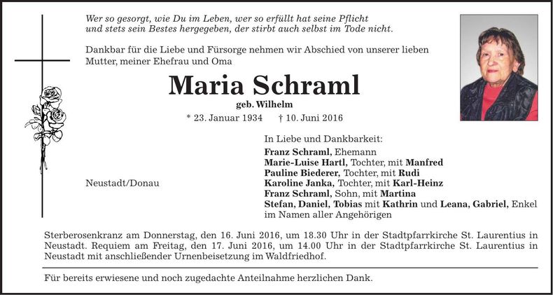 Traueranzeige Maria Schraml