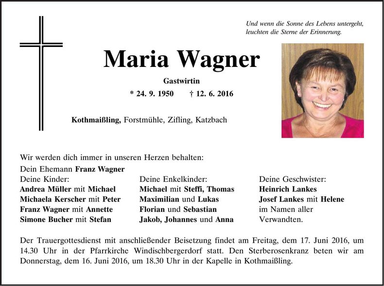 Traueranzeige Maria Wagner