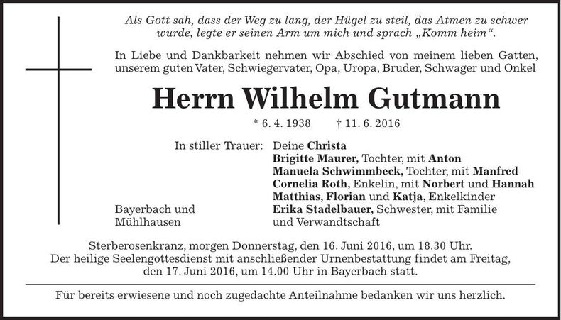 Traueranzeige Wilhelm Gutmann