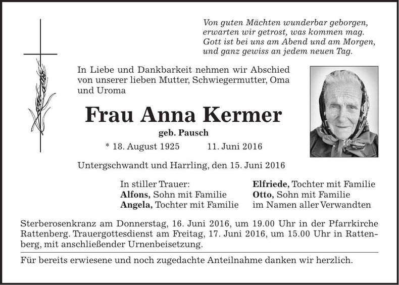 Traueranzeige Anna Kermer