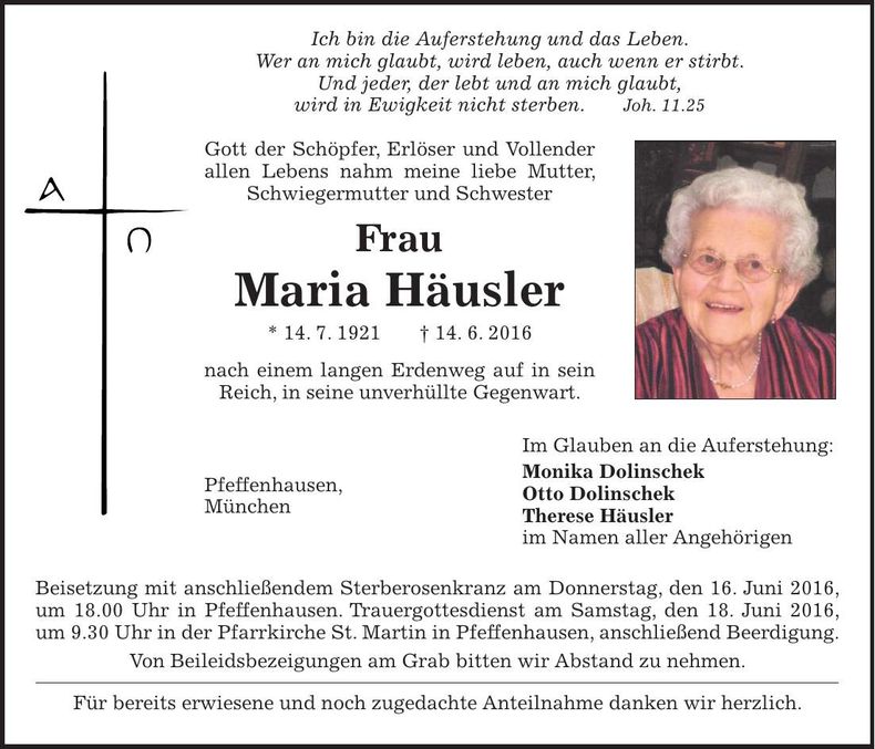 Traueranzeige Maria Häusler