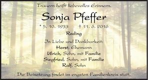 Traueranzeige Sonja Pfeffer