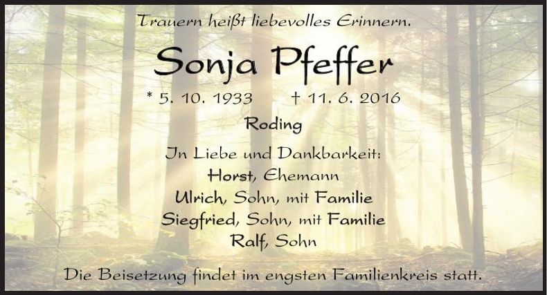 Traueranzeige Sonja Pfeffer