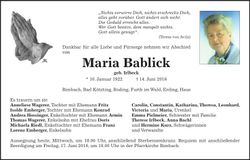 Traueranzeige Maria Bablick
