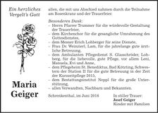 Traueranzeige Maria Geiger