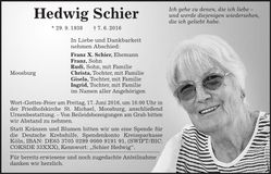 Traueranzeige Hedwig Schier