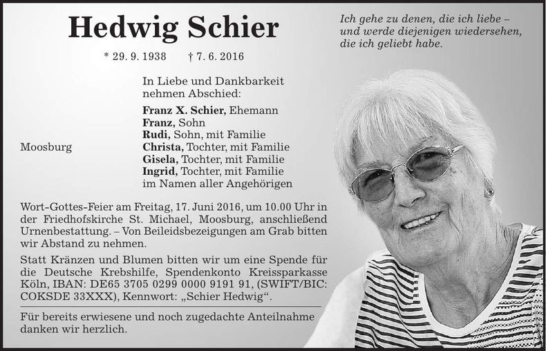 Traueranzeige Hedwig Schier