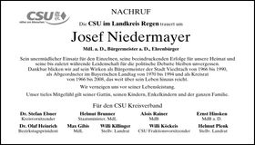 Traueranzeige Niedermayer Josef