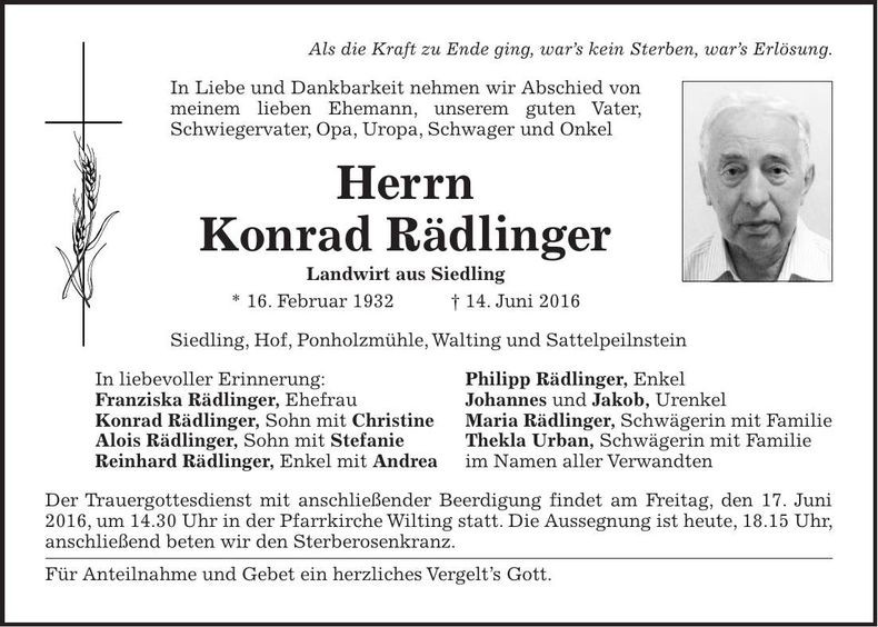 Traueranzeige Franziska Rädlinger