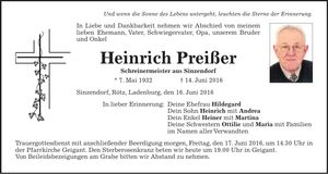 Traueranzeige Heinrich Preißer