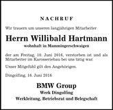 Traueranzeige Willibald Hartmann