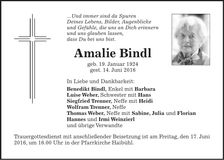 Traueranzeige Amalie Bindl