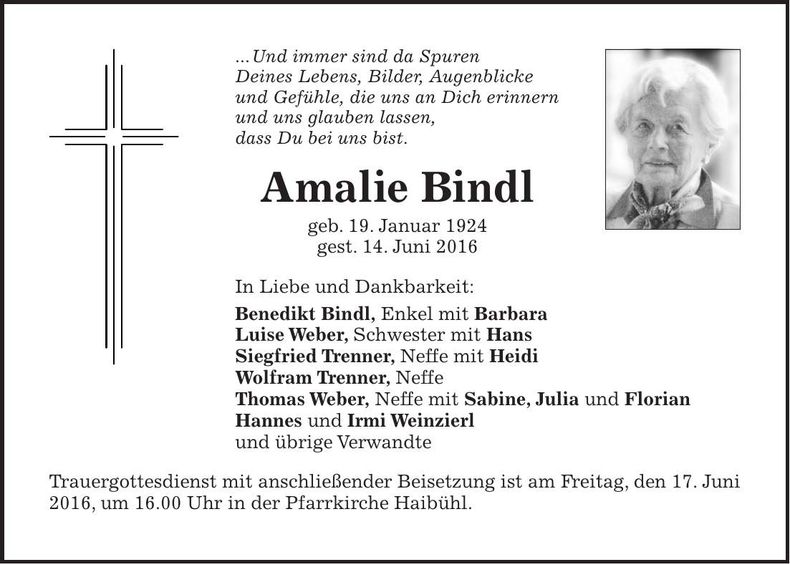 Traueranzeige Amalie Bindl
