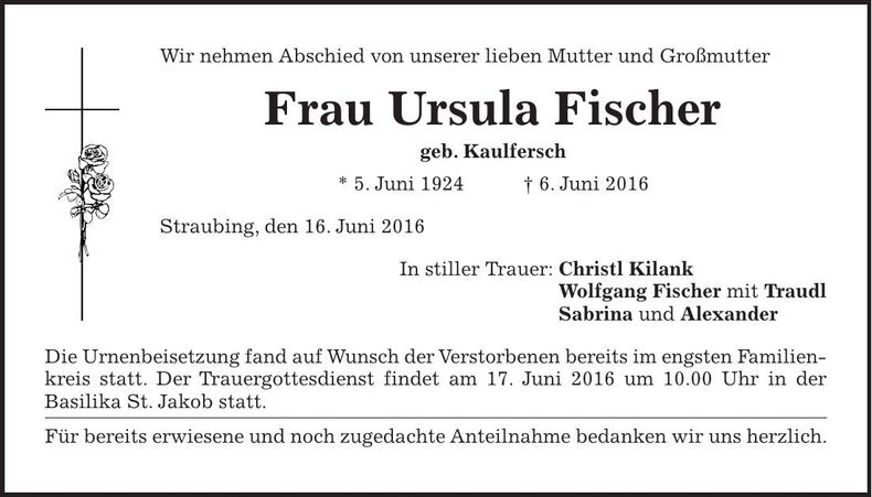 Traueranzeige Ursula Fischer