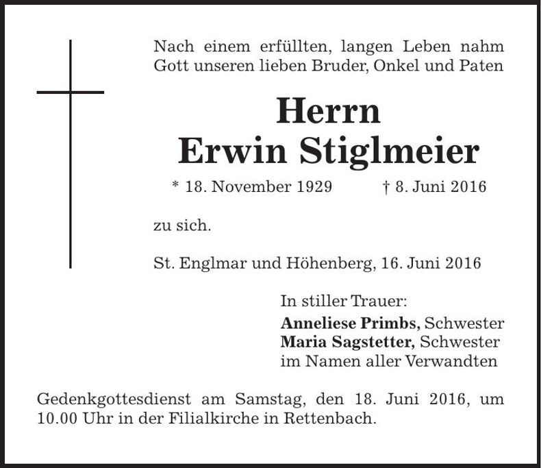 Traueranzeige Erwin Stiglmeier