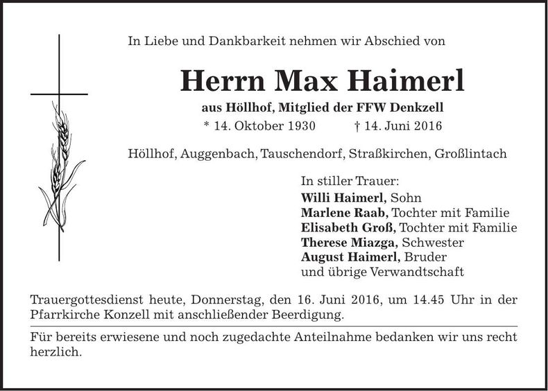 Traueranzeige Max Haimerl