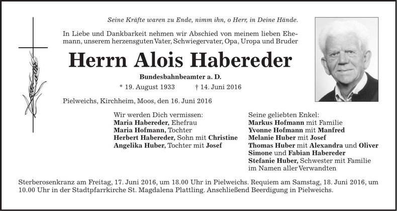 Traueranzeige Alois Habereder