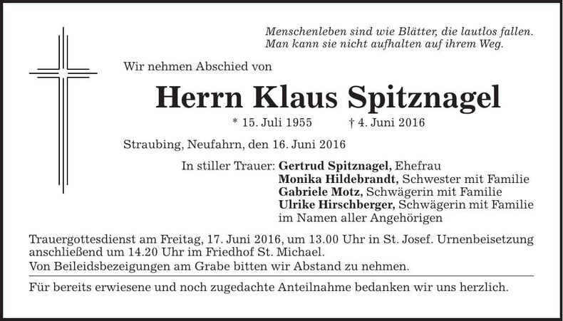 Traueranzeige Klaus Spitznagel