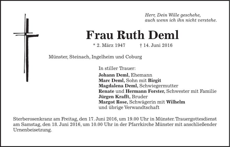 Traueranzeige Ruth Deml