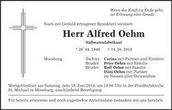 Traueranzeige Alfred Oehm