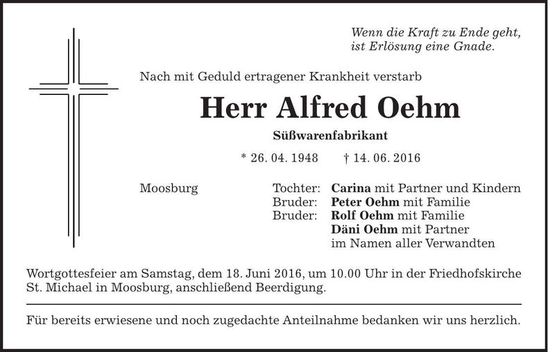 Traueranzeige Alfred Oehm