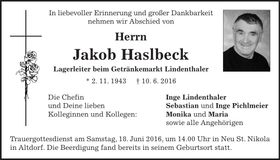 Traueranzeige Jakob Haslbeck