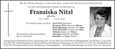 Traueranzeige Franziska Nitzl
