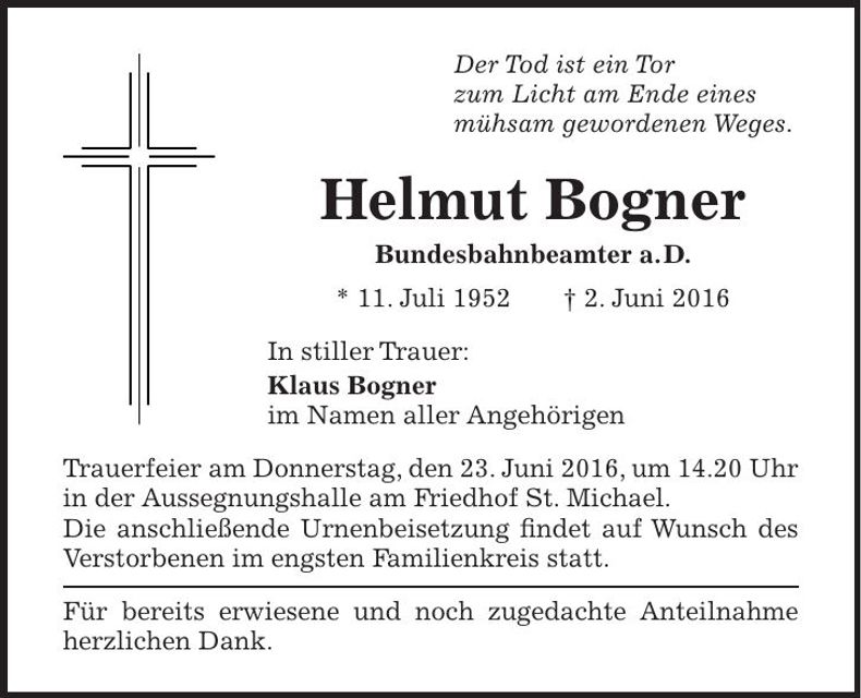 Traueranzeige Helmut Bogner
