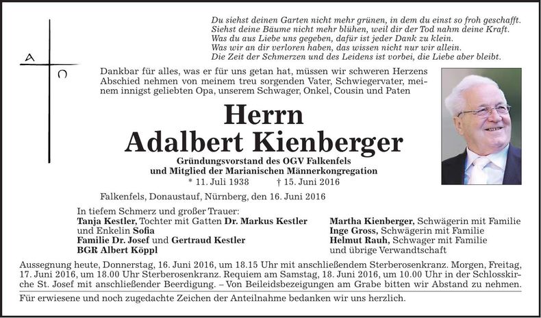 Traueranzeige Adalbert Kienberger