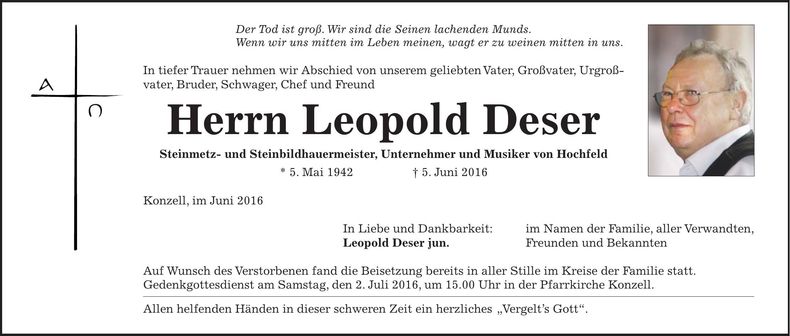 Traueranzeige Leopold Deser