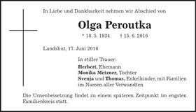 Traueranzeige Olga Peroutka