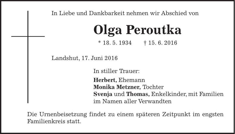 Traueranzeige Olga Peroutka
