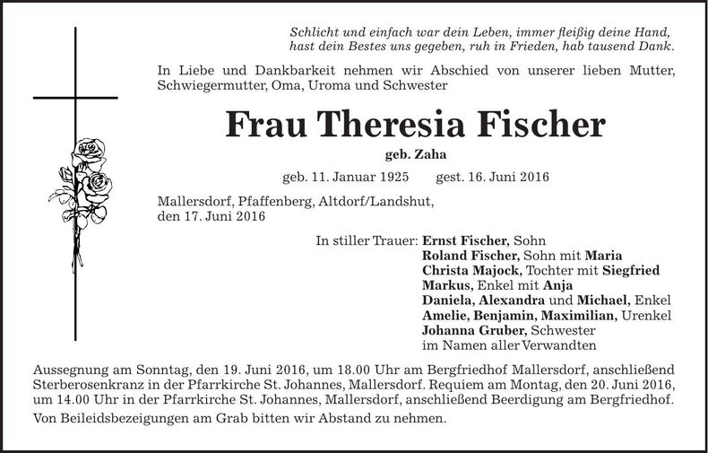 Traueranzeige Theresia Fischer