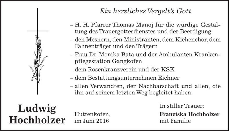 Traueranzeige Ludwig Hochholzer