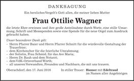 Traueranzeige Ottilie Wagner