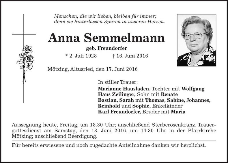 Traueranzeige Anna Semmelmann