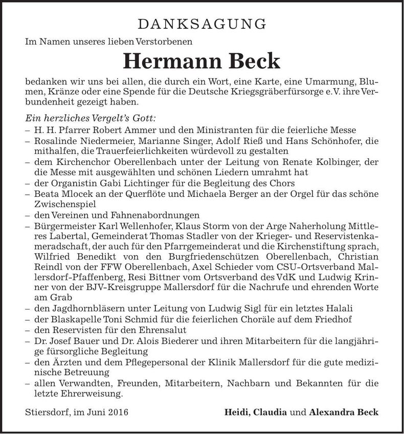 Traueranzeige Hermann Beck