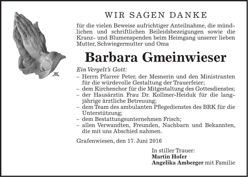Traueranzeige Barbara Gmeinwieser