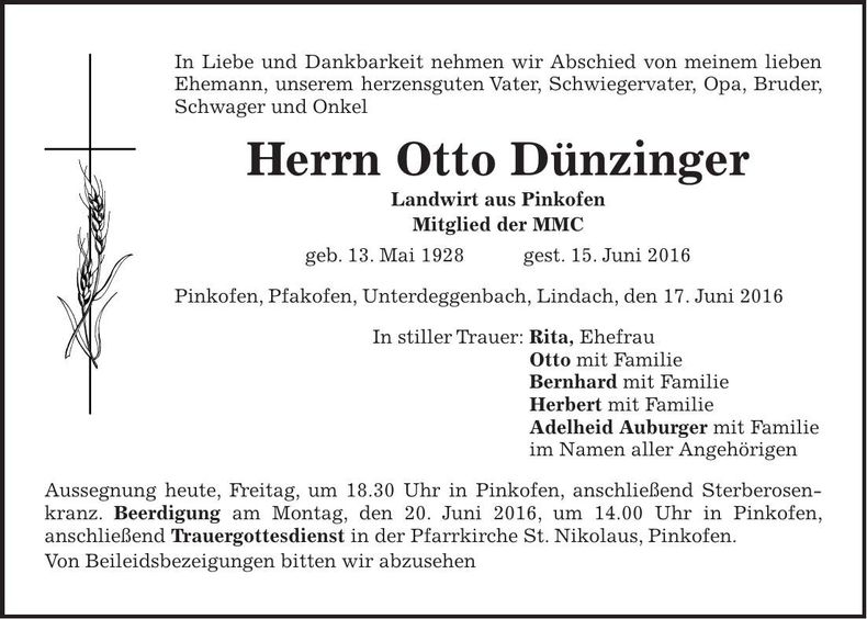 Traueranzeige Otto Dünzinger