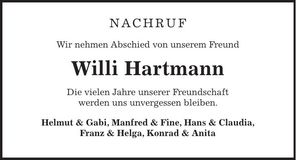 Traueranzeige Willi Hartmann