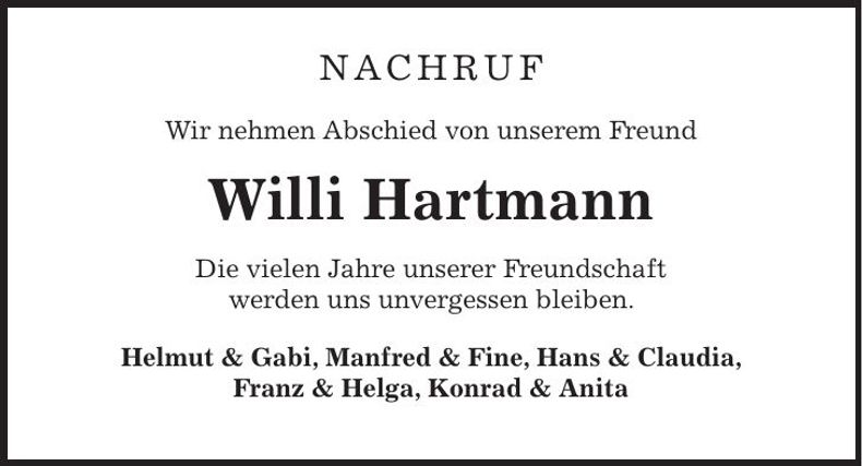 Traueranzeige Willi Hartmann