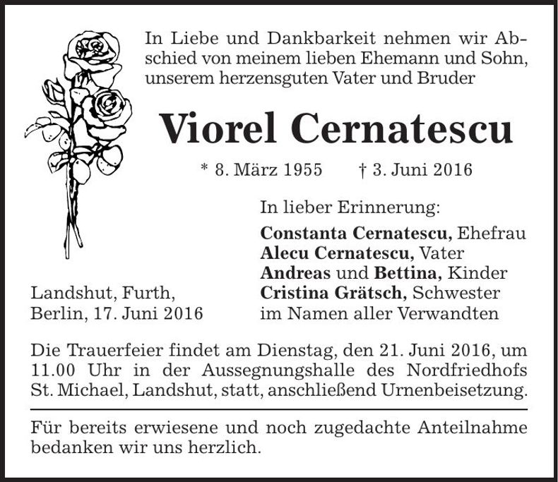 Traueranzeige Viorel Cernatescu