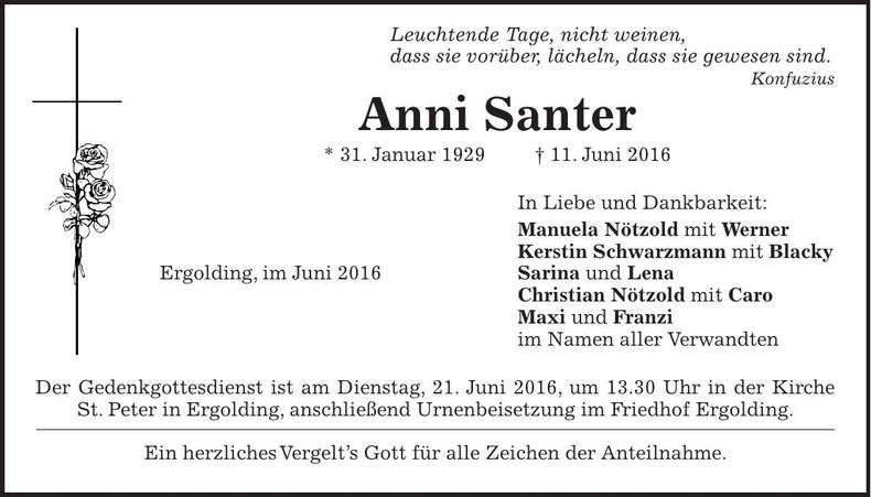 Traueranzeige Anni Santer