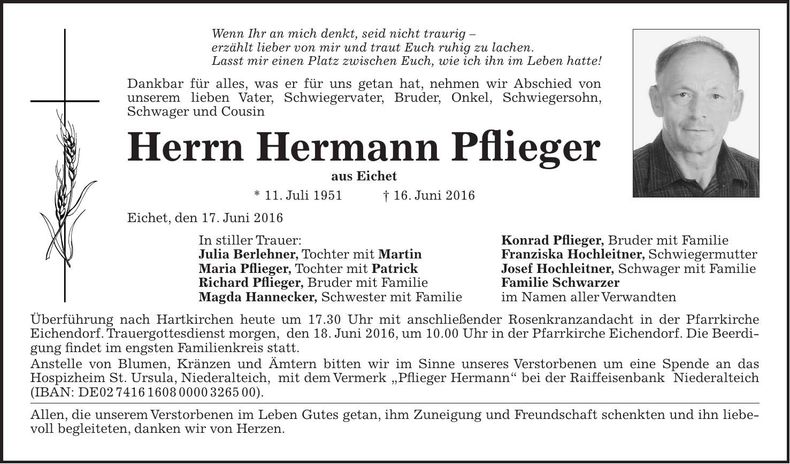 Traueranzeige Hermann Pflieger
